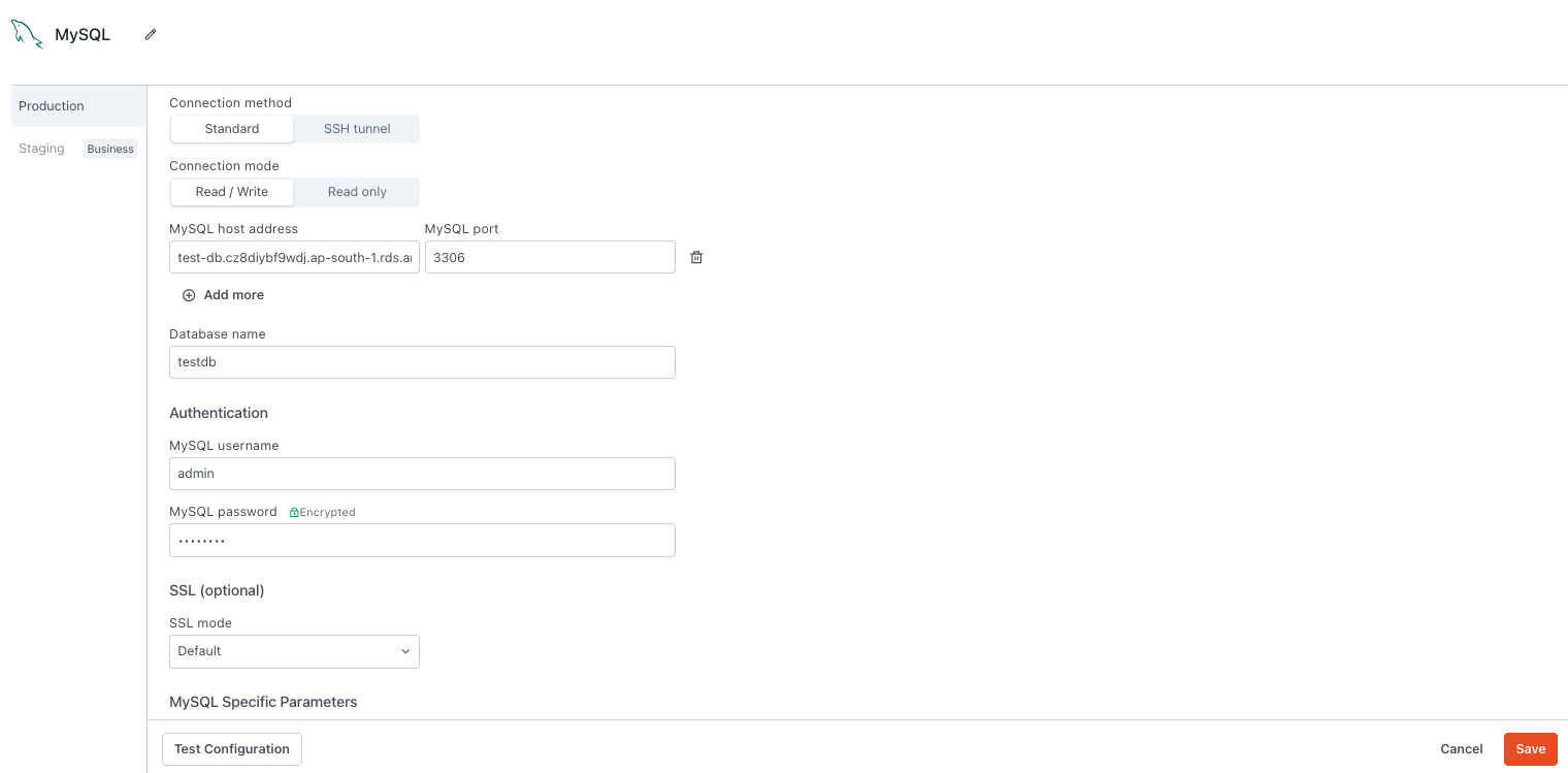 MySQL Datasource configuration page